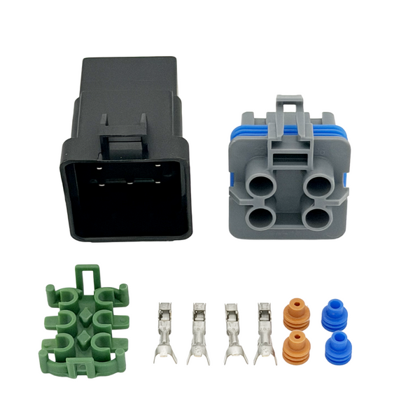 Set of electrical connectors and related parts on a white background