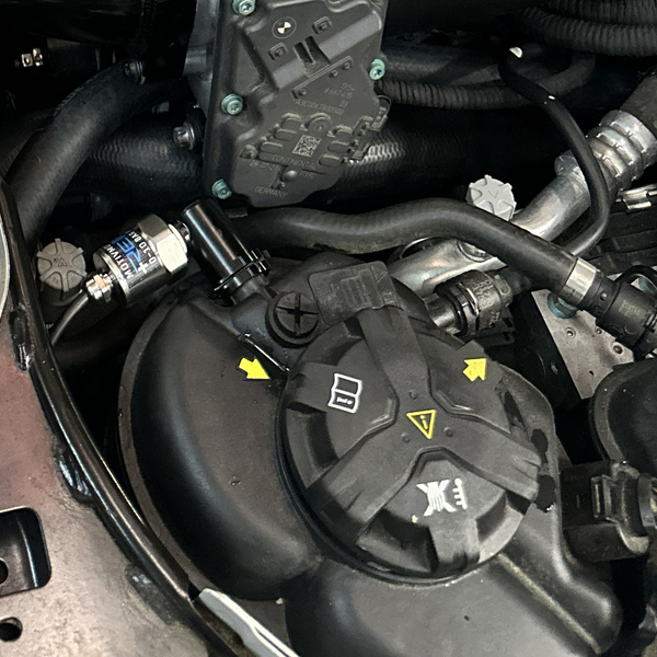 BMW B58 coolant pressure sensor adapter installed on cooling system