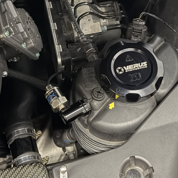 B58 coolant pressure sensor adapter installed in engine bay