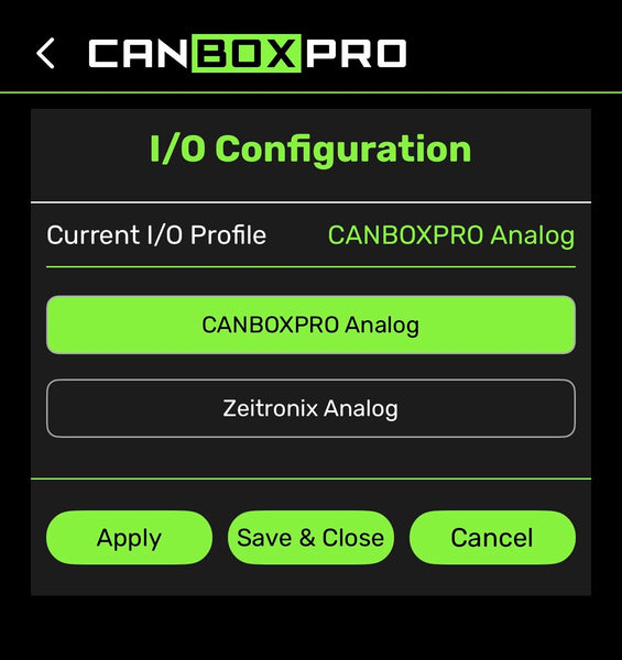 Visconti flex fuel controller mobile app interface showing how the IO configuration can be changed