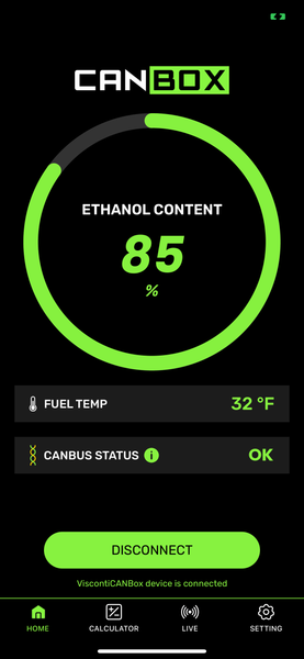 Visconti CANBOX mobile app home screen showing live ethanol content, fuel temperature and CAN bus status