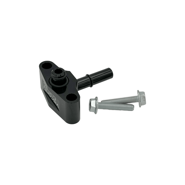 Visconti R35 GTR flex fuel rail adapter angled view showing quick connect fitting