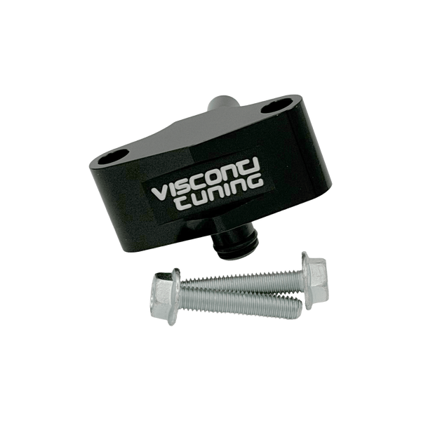 Visconti R35 GTR flex fuel rail adapter, black anodized billet with dual O-ring and mounting bolts