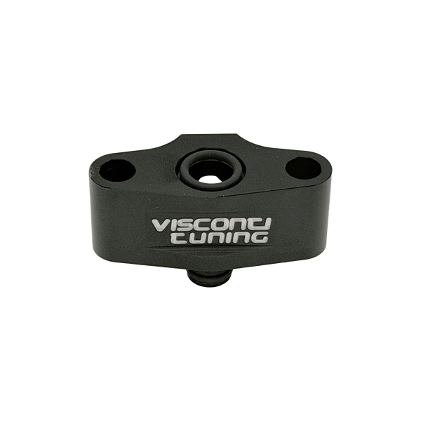 Visconti R35 GTR fuel rail adapter showing 1/8 NPT sensor port and sealing face