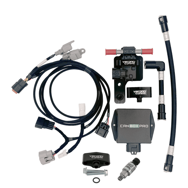 Visconti NexGen R35 GTR CANBOXPRO flex fuel kit with stock rail adapter and AEM 150 PSI fuel pressure sensor