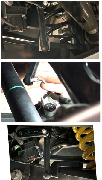 Before and after comparison of factory plastic bracket and Visconti billet ride height sensor bracket