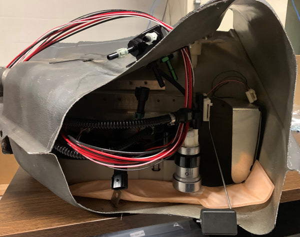 Cutaway view of Nissan R35 GTR fuel tank showing Visconti triple pump fuel hanger upgrade